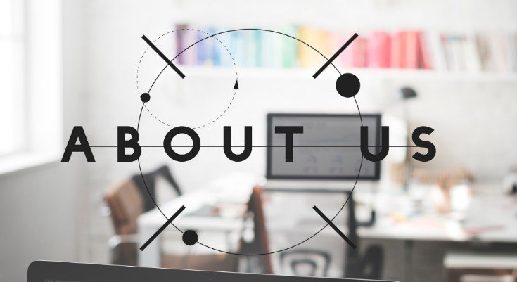 About Us text over a blurred image of an office