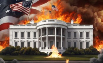 An image of the White House on fire along with a burning American flag